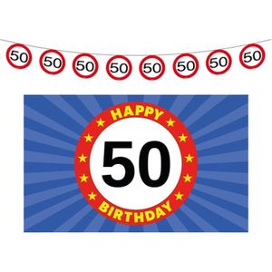 50 jaar leeftijd verjaardag slinger en vlag 150 x 90 feestversiering pakket - Vlaggenlijnen