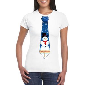 Fout kerst t-shirt wit met sneeuwpop stropdas voor dames - kerst t-shirts