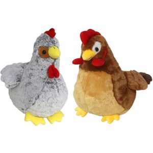 Pluche kip en haan knuffel - 2x - 20 cm - boederijdieren kippen knuffels - Vogel knuffels