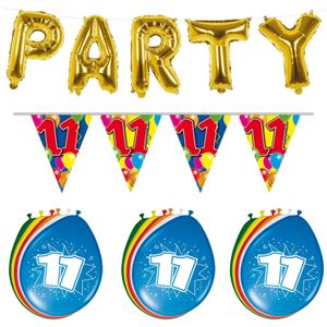 Verjaardag feestversiering 11 jaar PARTY letters en 16x ballonnen met 2x plastic vlaggetjes - Vlaggenlijnen