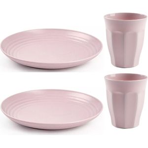 Servies van kunststof - 6x dinerborden en 6x drinkbekers - roze - Campingborden