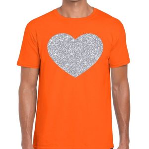 Zilver hart glitter fun t-shirt oranje heren - Feestshirts