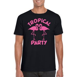Tropical party T-shirt voor heren - met glitters - zwart/roze - carnaval/themafeest - Feestshirts