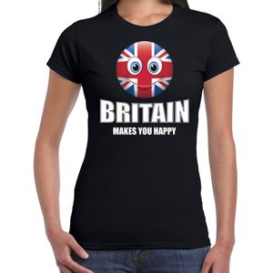 Britain makes you happy landen t-shirt Verenigd Koninkrijk zwart voor dames met emoticon - Feestshirts