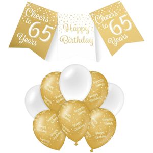 Paperdreams Luxe 65 jaar feestversiering set - Ballonnen &amp; vlaggenlijnen - wit/goud - Feestpakketten
