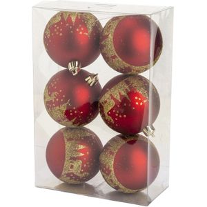 Gedecoreerde kerstballen - 6x st - 8 cm - kunststof - rood/goud - Kerstbal