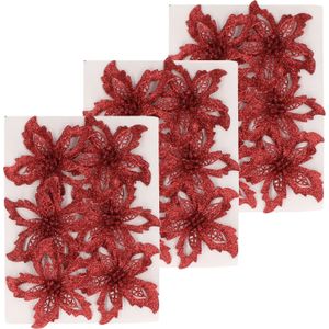 18x Kerstbloemen versiering rode glitter roos op clip - Kersthangers