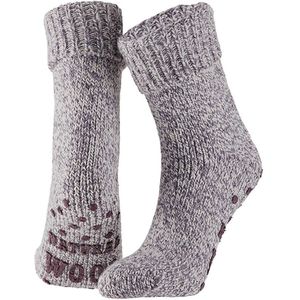 Dames anti-slip wollen huissokken/slofsokken aubergine/grijs maat 35-38 - Huissokken