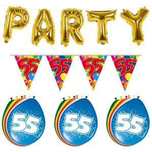 Verjaardag feestversiering 55 jaar PARTY letters en 16x ballonnen met 2x plastic vlaggetjes - Vlaggenlijnen