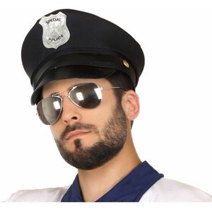 Carnaval verkleed Politie agent hoedje - zwart/zilver - voor volwassenen - Politie thema - Verkleedhoofddeksels