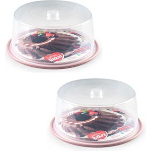 2x stuks ronde taart/gebak bewaardoos transparant 32 x 15 cm met roze bodem - Taart bewaren/serveren in box/doos