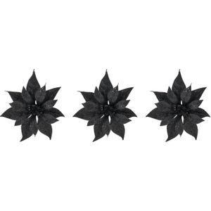 6x stuks decoratie bloemen kerststerren zwart glitter op clip 18 cm - Decoratiebloemen/kerstboomversiering