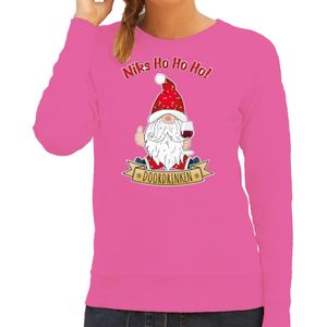Foute Kersttrui/sweater voor dames - Wijn kabouter/gnoom - roze - Doordrinken - kerst truien