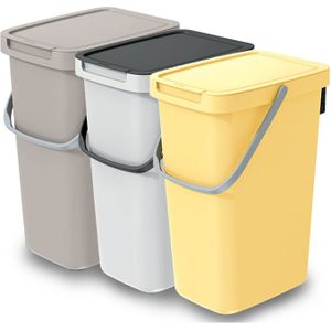 GFT/rest afvalbakken set - 3x - beige/wit/geel - 12L - afsluitbaar - 20 x 26 x 37 cm - afval scheid - Prullenbakken