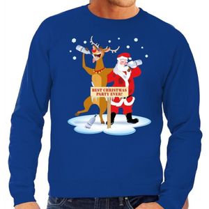 Foute kersttrui dronken kerstman en rendier Rudolf blauw heren - kerst truien