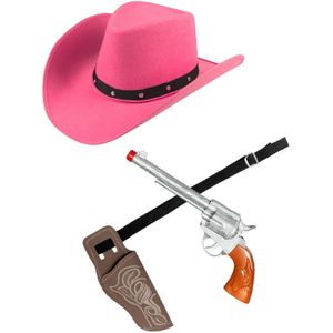 Verkleed set cowboyhoed Wichita roze - met holster en pistool - voor volwassenen - Verkleedhoofddeksels