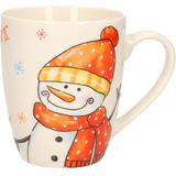 3x Stuks Kerstmok/Wintermok Sneeuwpop met Oranje Muts en Sjaal van Poreselein 10 cm