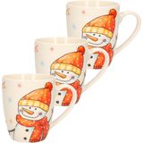 3x Stuks Kerstmok/Wintermok Sneeuwpop met Oranje Muts en Sjaal van Poreselein 10 cm