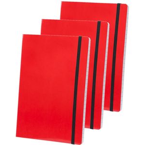 Set van 3x stuks notitieblokje gelinieerd zachte kaft rood met elastiek A5 formaat - Notitieboek