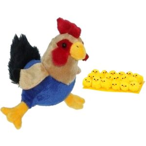 Pluche kippen/hanen knuffel van 20 cm met 18x stuks mini kuikentjes 3 cm - Feestdecoratievoorwerp