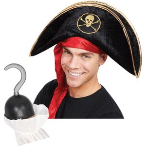 Carnaval verkleed hoed voor een Piraat - zwart - polyester - heren/dames - incl. piratenhaak - Verkleedhoofddeksels