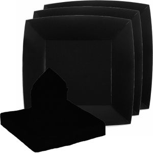 Feest/verjaardag servies set 10x bordjes/25x servetten - zwart - karton - Feestbordjes