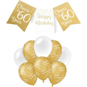 Paperdreams Luxe 60 jaar feestversiering set - Ballonnen &amp; vlaggenlijnen - wit/goud - Feestpakketten