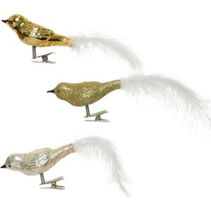 3x stuks glazen decoratie vogels op clip champagne/goud 8 cm - decoratief-figuur