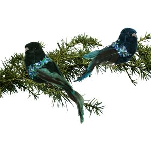 Kerstboomversiering vogels op clip - 6x st - blauw/groen - 17 cm - kunststof - Kersthangers