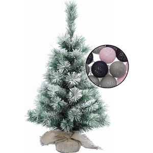 Kleine kerstboom besneeuwd -incl. verlichting bollen mix grijs/lichtroze - H60 cm - Kunstkerstboom