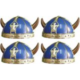 4x stuks gallier/Vikingen verkleed helm blauw met hoorns - Verkleedhoofddeksels