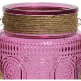 Lumineo windlichten/lantaarns relief - 3x - glas - D14 x H16 cm - roze