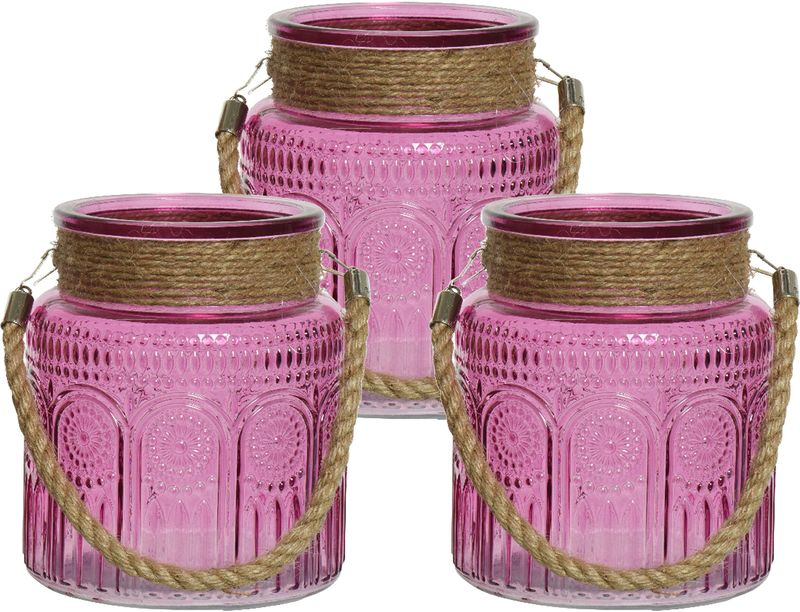 Lumineo windlichten/lantaarns relief - 3x - glas - D14 x H16 cm - roze