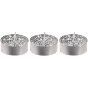 3x Zilveren glitter waxinelichtjes/theelichtjes 6 cm - Zilveren kersttafel kaarsen