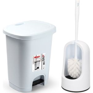 WC-/toiletborstel en houder - wit - met kleine pedaalemmer 8 liter - Badkameraccessoireset