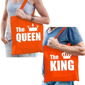 Oranje katoenen tas the king / the queen witte tekst volwassenen - Feest Boodschappentassen