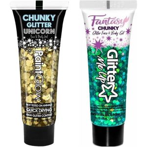 Paintglow Chunky Glittergel voor lichaam en gezicht - 2 tubes - goud en zeemeermin groen - 12 ml - Schmink