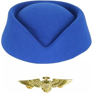 Carnaval verkleed set - stewardessen hoedje - blauw - met een wings broche - dames - Verkleedhoofddeksels