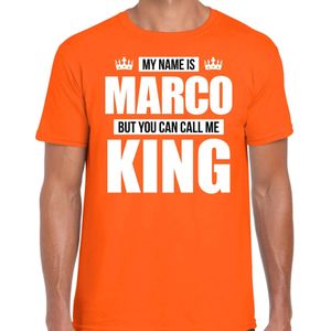 Naam cadeau t-shirt my name is Marco - but you can call me King oranje voor heren - Feestshirts