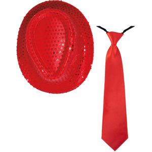 Carnaval verkleed set - hoedje en stropdas - rood - heren/dames - glimmend - Verkleedattributen