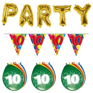 Verjaardag feestversiering 10 jaar PARTY letters en 16x ballonnen met 2x plastic vlaggetjes - Vlaggenlijnen