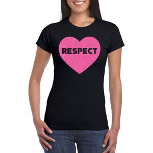 Gay Pride T-shirt voor dames - respect - zwart - roze glitter hart - LHBTI - Feestshirts