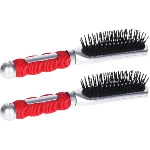 Hairmaster - Haarborstel - Zilver - Rood Handvat - Kunststof - Set van 2