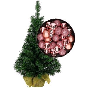 Mini kerstboom/kunst kerstboom H35 cm inclusief kerstballen roze  - Kunstkerstboom
