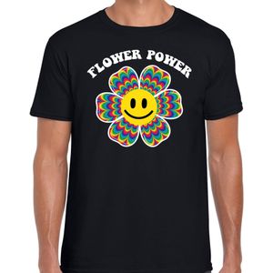 Jaren 60 Flower Power verkleed shirt zwart met psychedelische emoticon bloem heren - Feestshirts