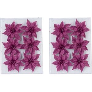 18x stuks decoratie bloemen rozen fuchsia roze glitter op ijzerdraad 8 cm - Kersthangers