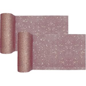 Santex Kerstdiner glitter tafelloper smal op rol - 2x - rose goud - 18 x 500 cm - polyester