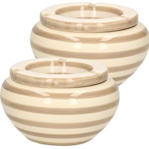 Excellent Houseware Stormasbak gestreept - 2x - beige/wit - Dia 14 cm - keramiek
