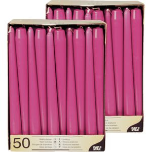 100x stuks Voordeelverpakking dinerkaarsen fuchsia roze - 25 cm - 7 branduren