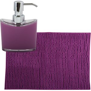 MSV badkamer droogloop mat/tapijtje - 40 x 60 cm - en zelfde kleur zeeppompje 260 ml - paars